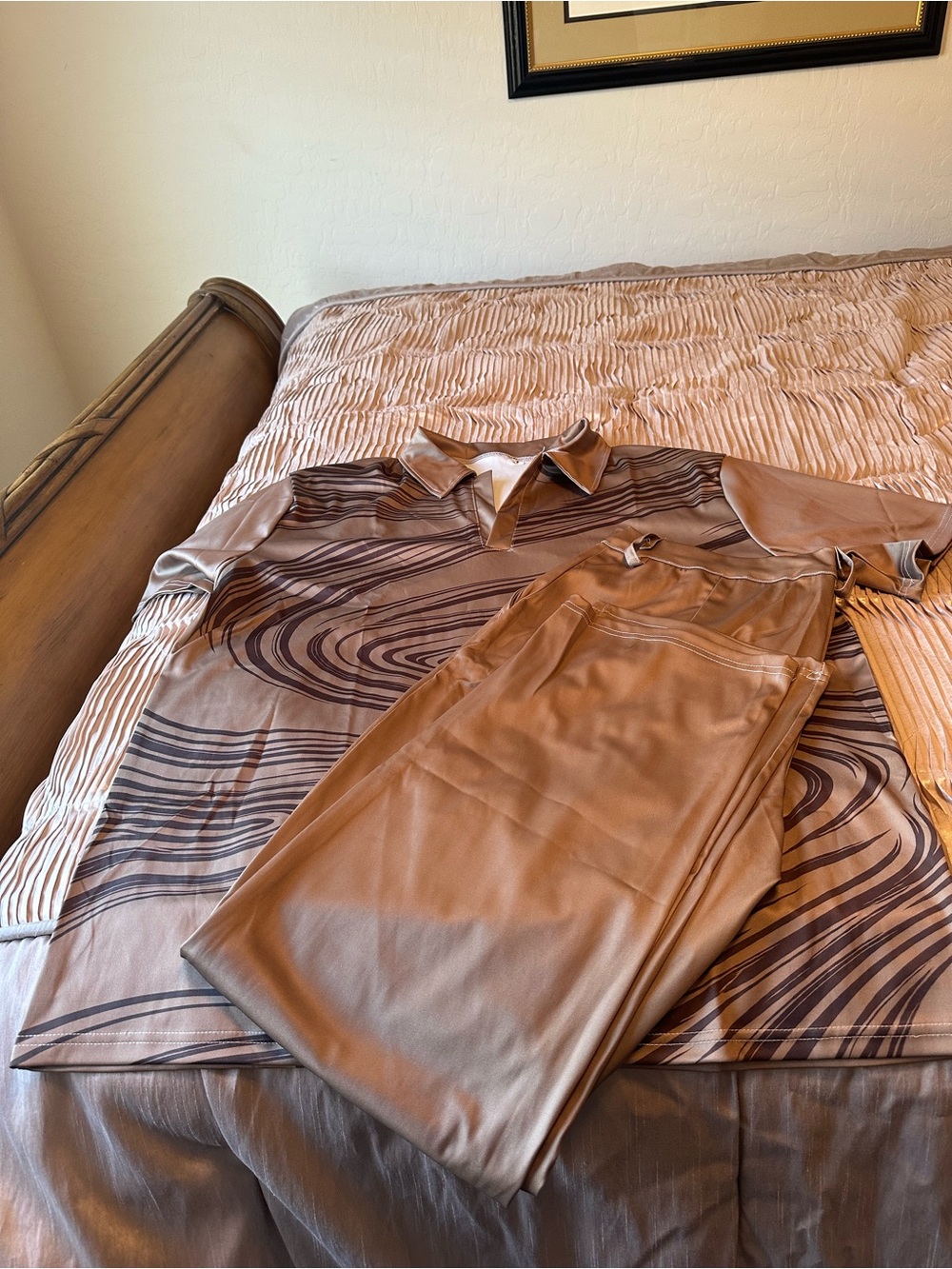 Men's Taupe and Brown Short-Sleeve Polo with pants. Abstract Brown Swirl Print